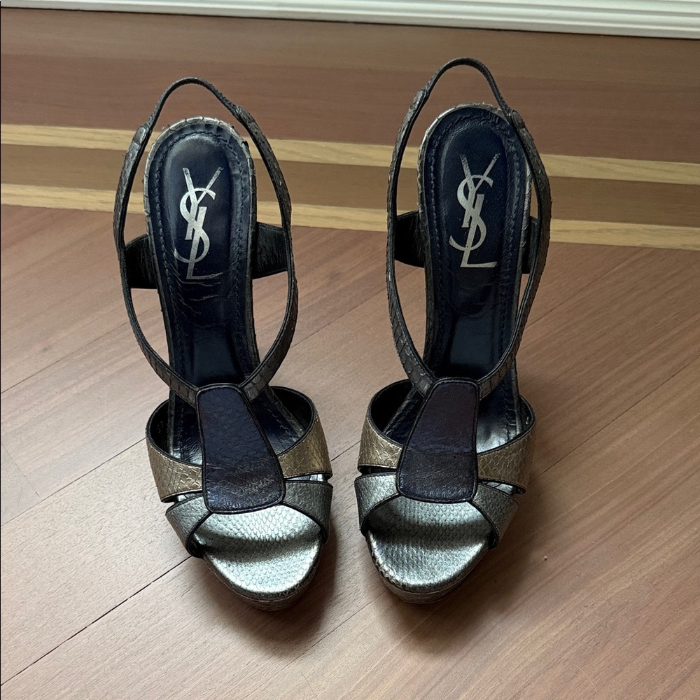 Yves Saint Laurent Silver and Black Strappy Heels